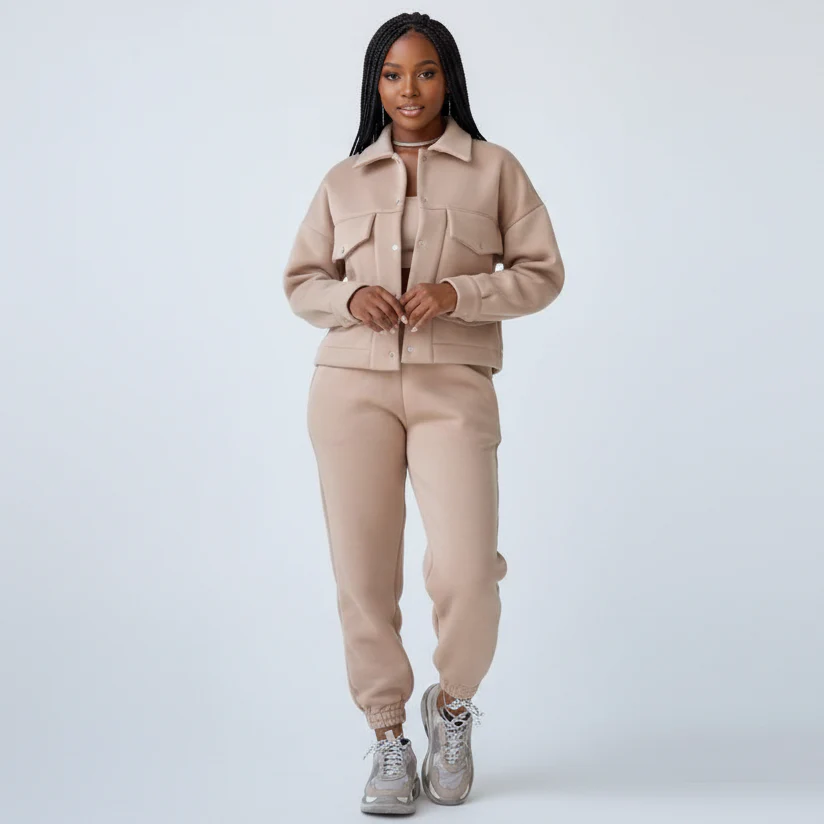 Lapel Long Sleeve Thick Jacket & Drawstring Pants Two Piece Set - Image 2