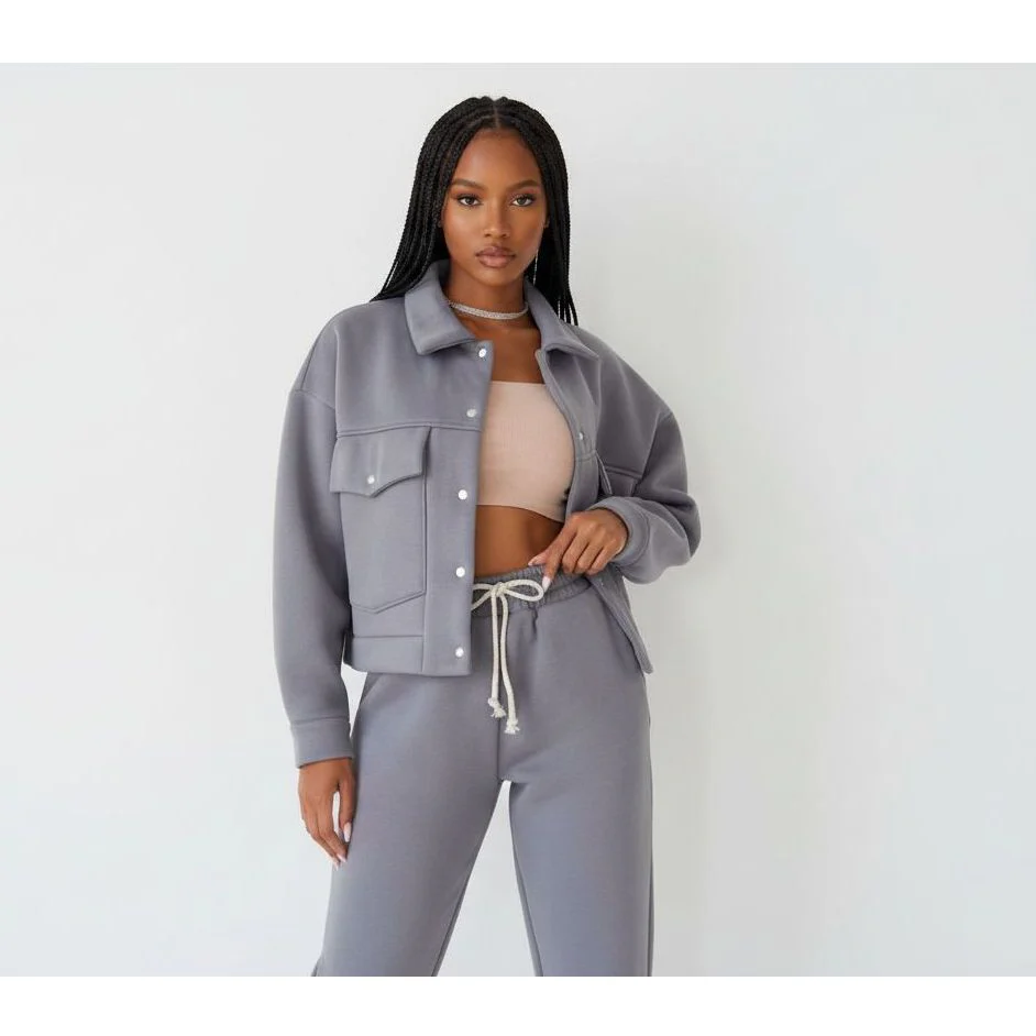 Lapel Long Sleeve Thick Jacket & Drawstring Pants Two Piece Set - Image 3