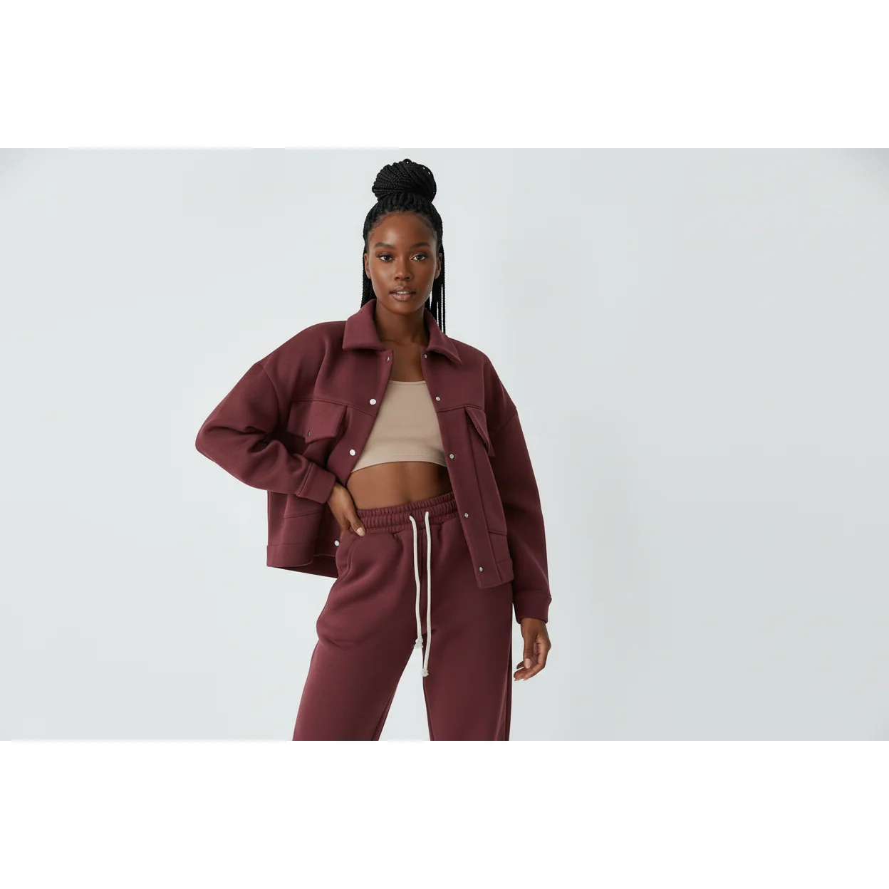 Lapel Long Sleeve Thick Jacket & Drawstring Pants Two Piece Set - Image 4