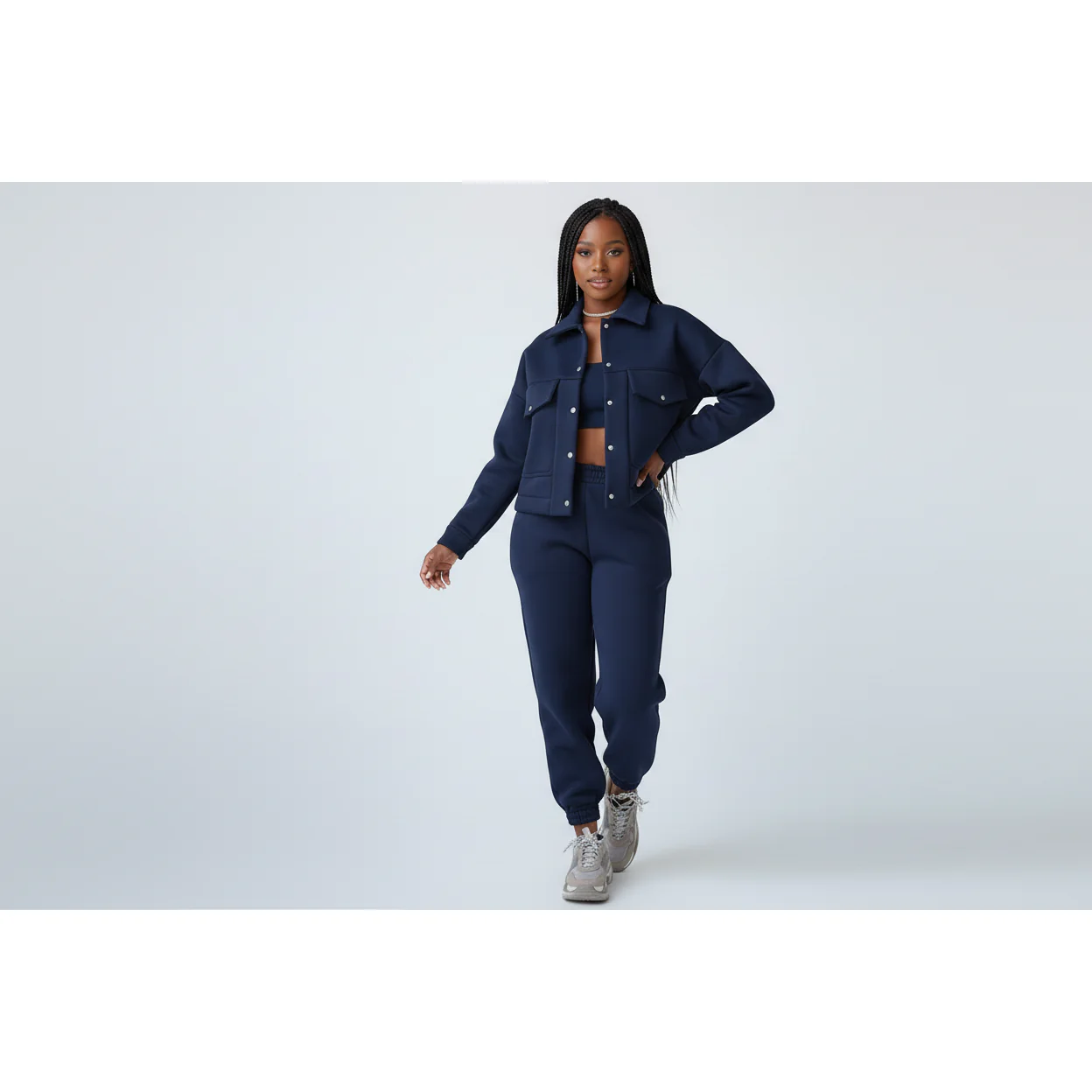 Lapel Long Sleeve Thick Jacket & Drawstring Pants Two Piece Set - Image 5