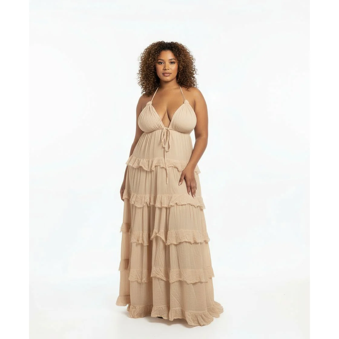 Layered Ruffled Halter Backless Maxi Dress - Image 2