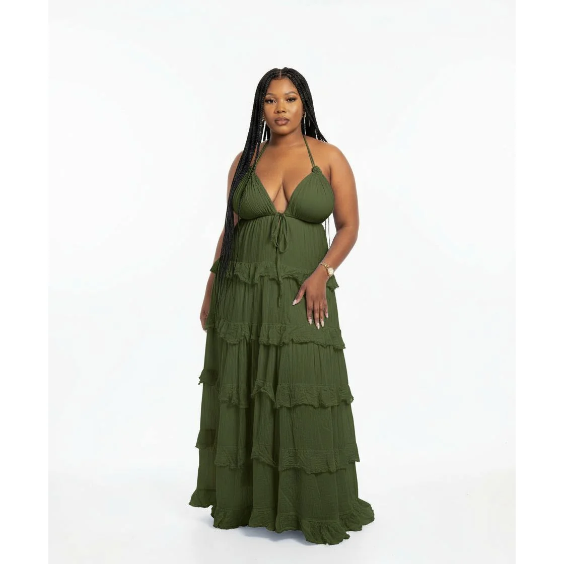 Layered Ruffled Halter Backless Maxi Dress - Image 4