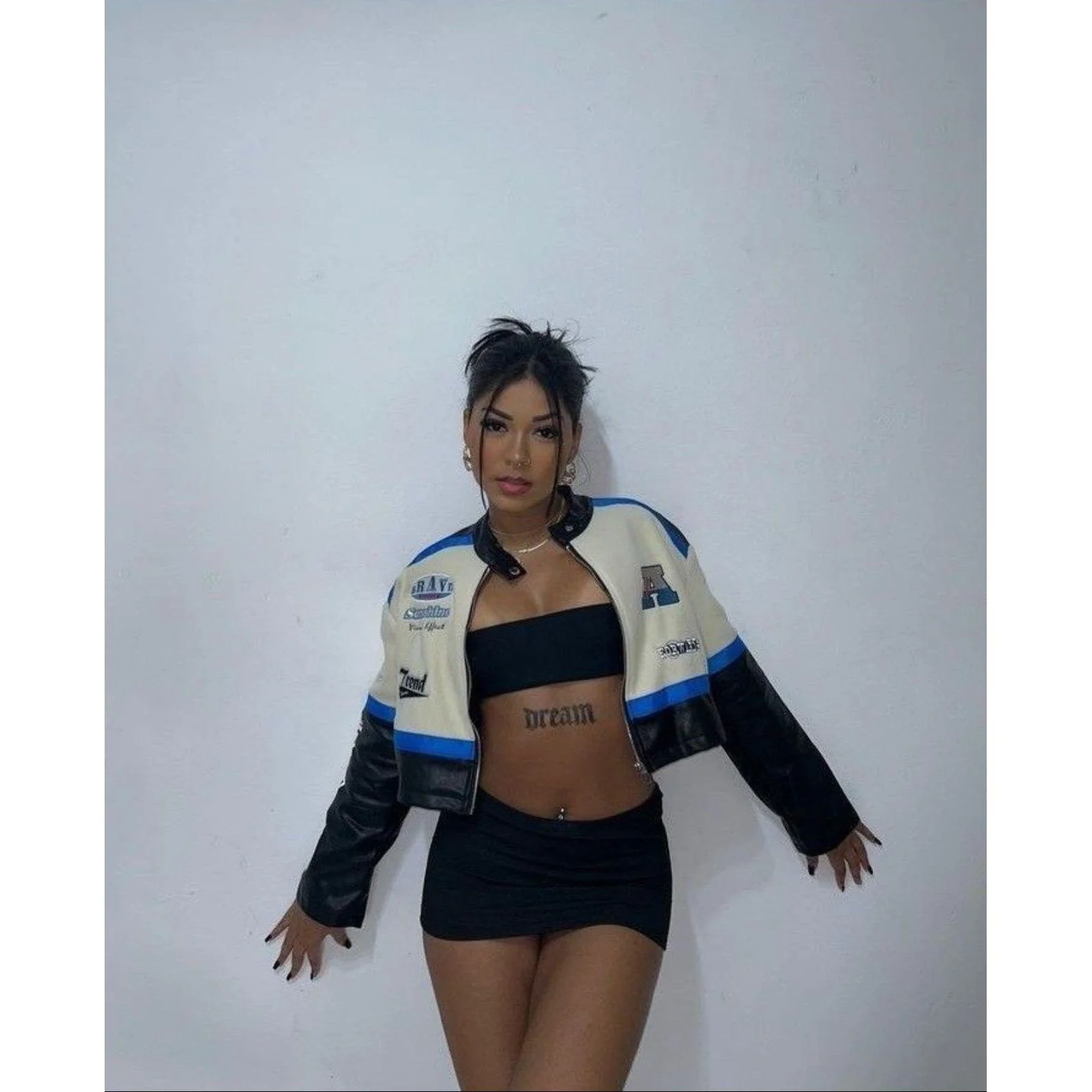 Leather Graphic Colourblock Crop Jacket. - Image 2