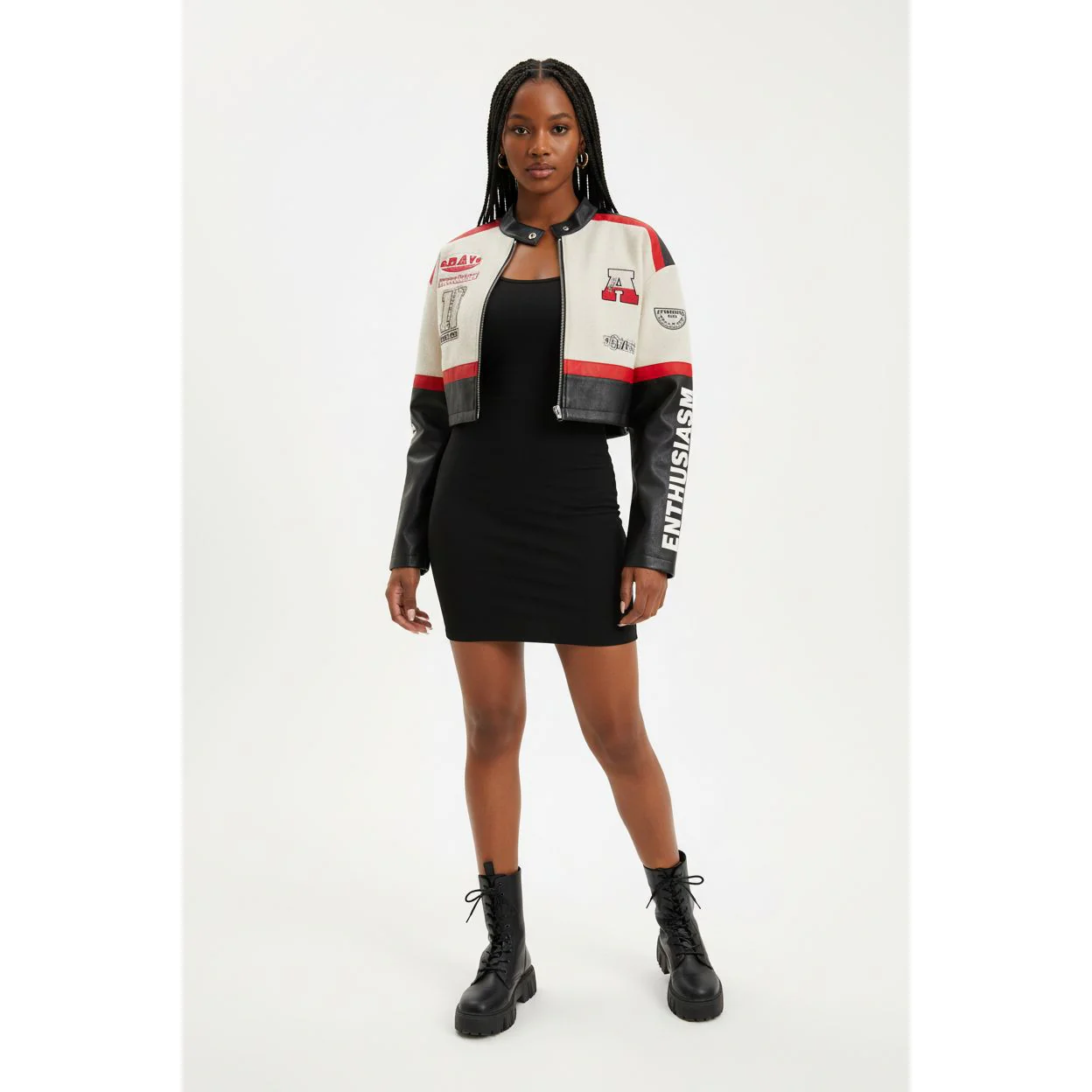 Leather Graphic Colourblock Crop Jacket.