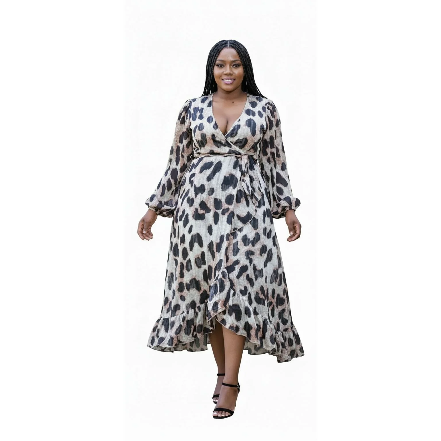 Leopard Print Waist Slit Midi Long Sleeve Dress