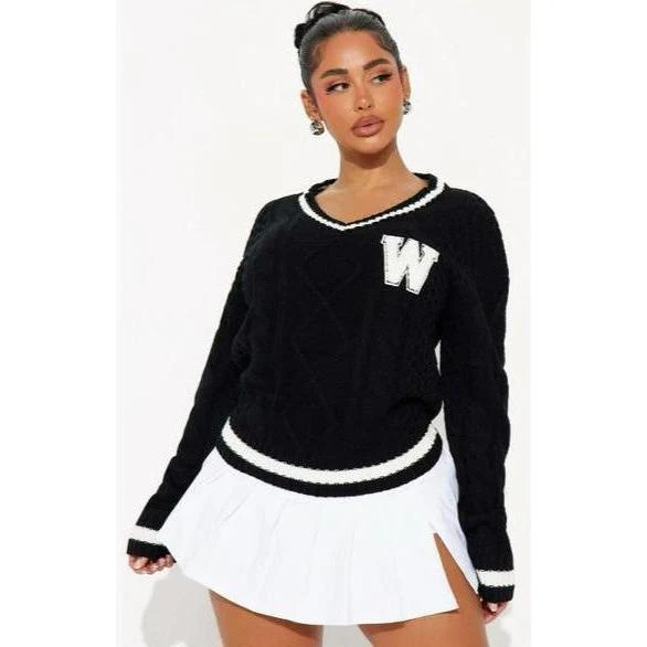 Letter Pattern Cable Knit Drop Shoulder Cricket Sweater - Image 2
