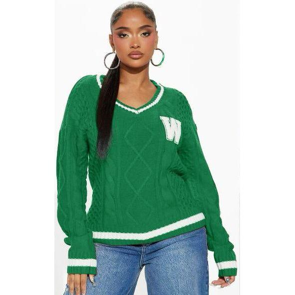 Letter Pattern Cable Knit Drop Shoulder Cricket Sweater - Image 3