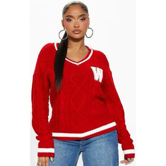 Letter Pattern Cable Knit Drop Shoulder Cricket Sweater - Image 4