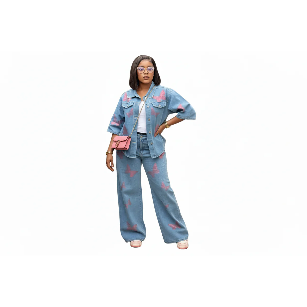 Light Wash High Waist Butterfly Embroidered 2 Piece Jeans.