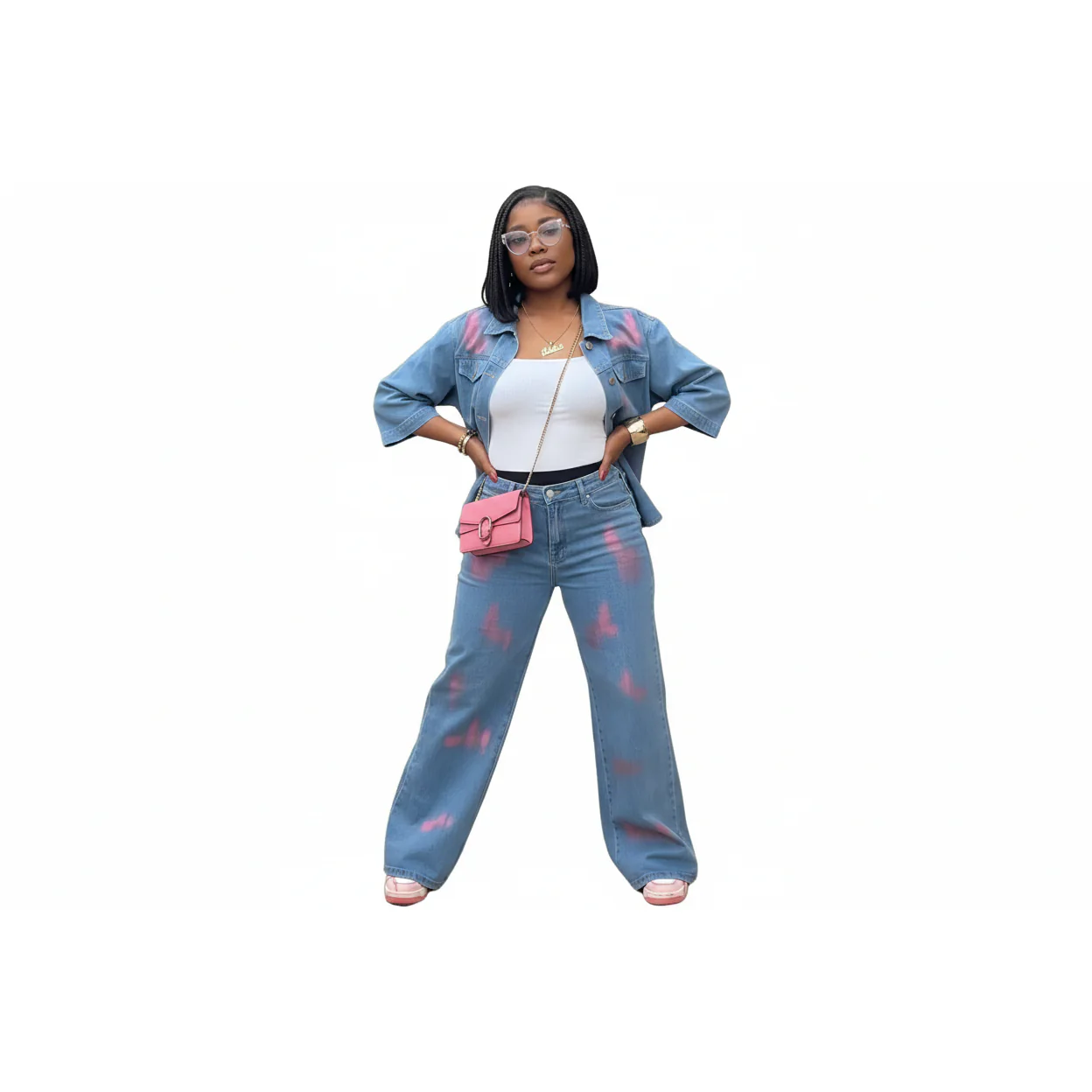 Light Wash High Waist Butterfly Embroidered 2 Piece Jeans. - Image 2