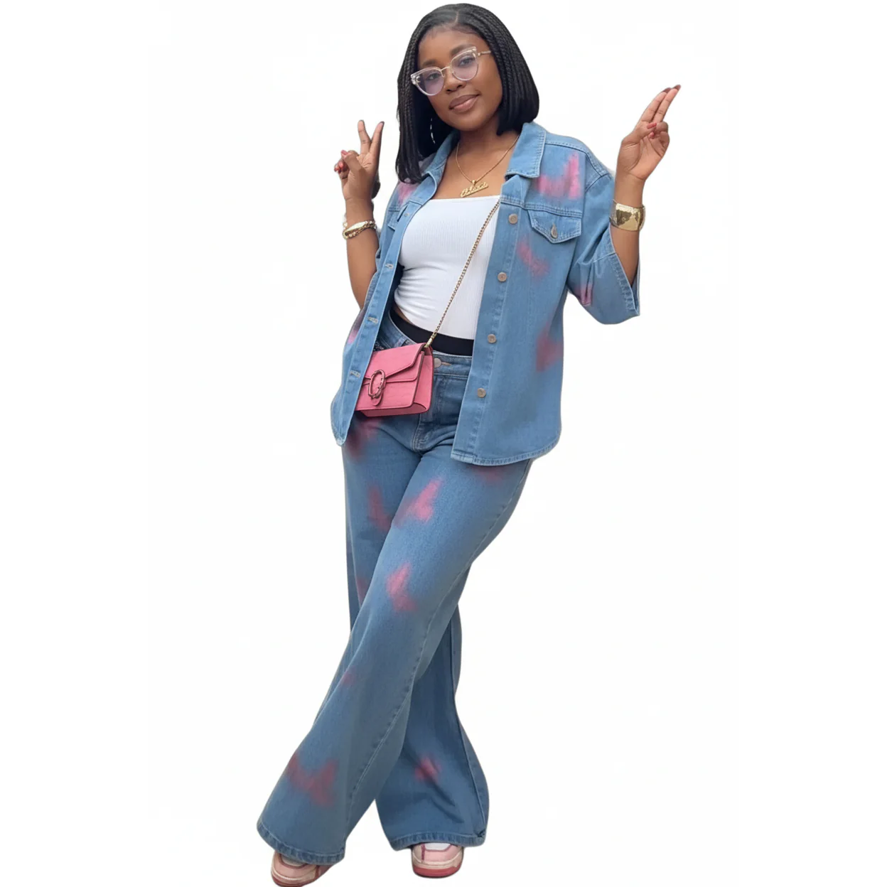 Light Wash High Waist Butterfly Embroidered 2 Piece Jeans. - Image 3