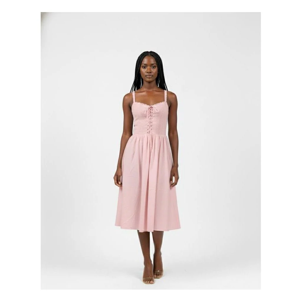 Linen Ribbon Ruched Back Zip Midi Dress