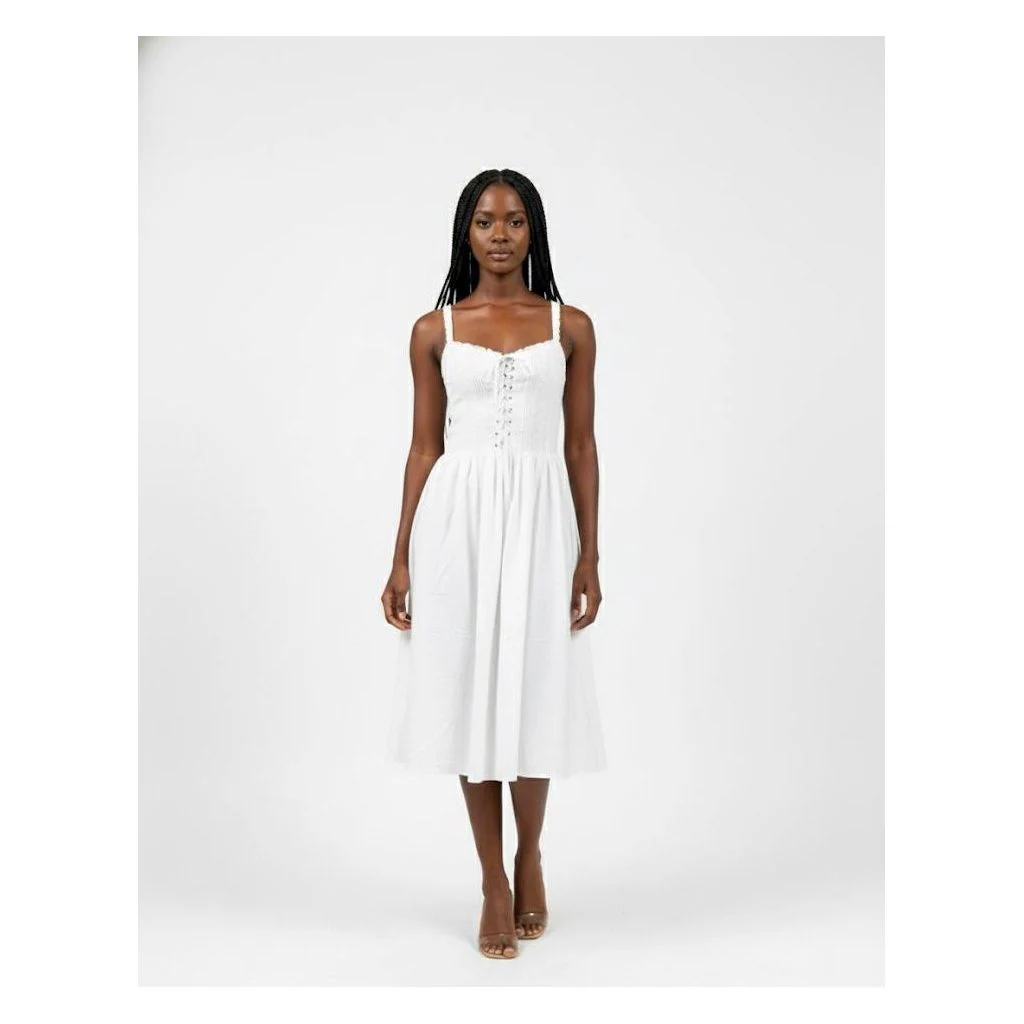 Linen Ribbon Ruched Back Zip Midi Dress - Image 4