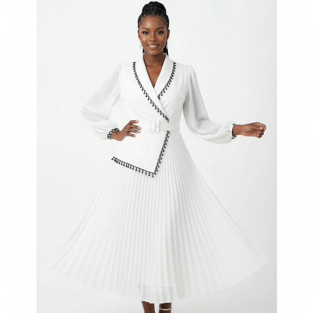 Long Lace Sleeved Pleated V-Neck Midi Dress - Image 2