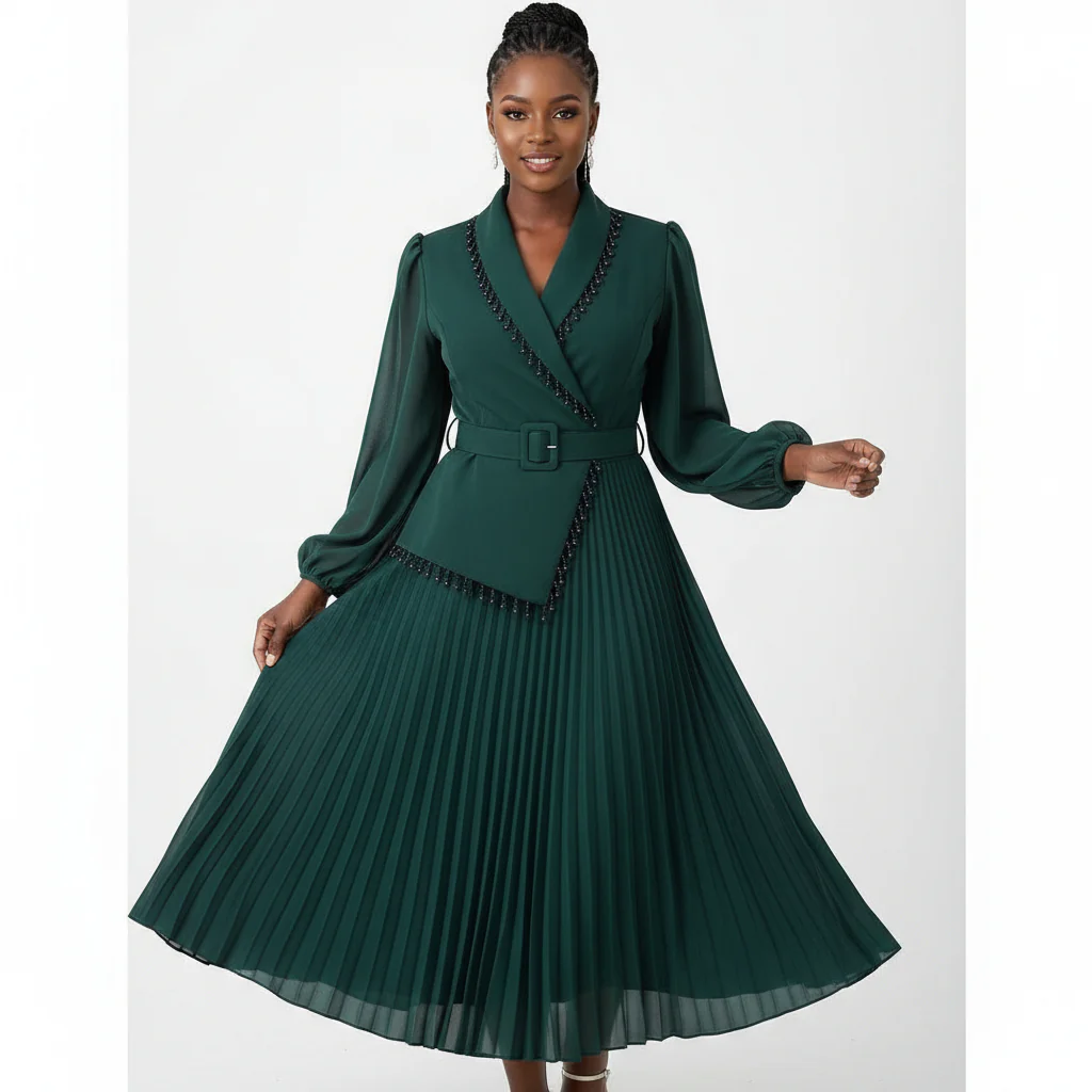 Long Lace Sleeved Pleated V-Neck Midi Dress - Image 3