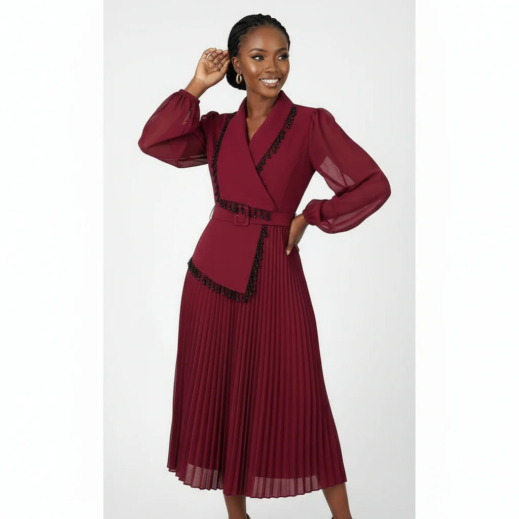 Long Lace Sleeved Pleated V-Neck Midi Dress - Image 4