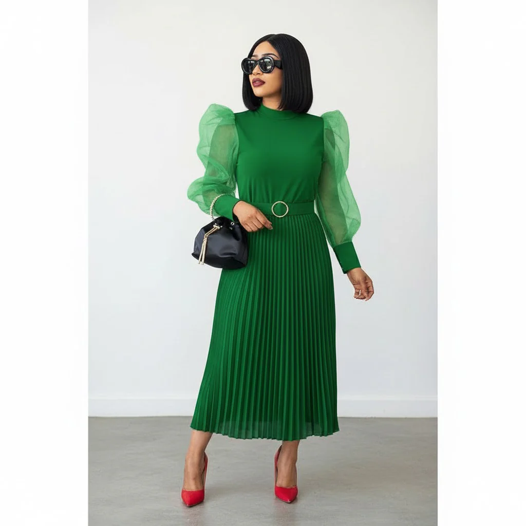 Long Mesh Sleeve Pleated Dress - Image 2