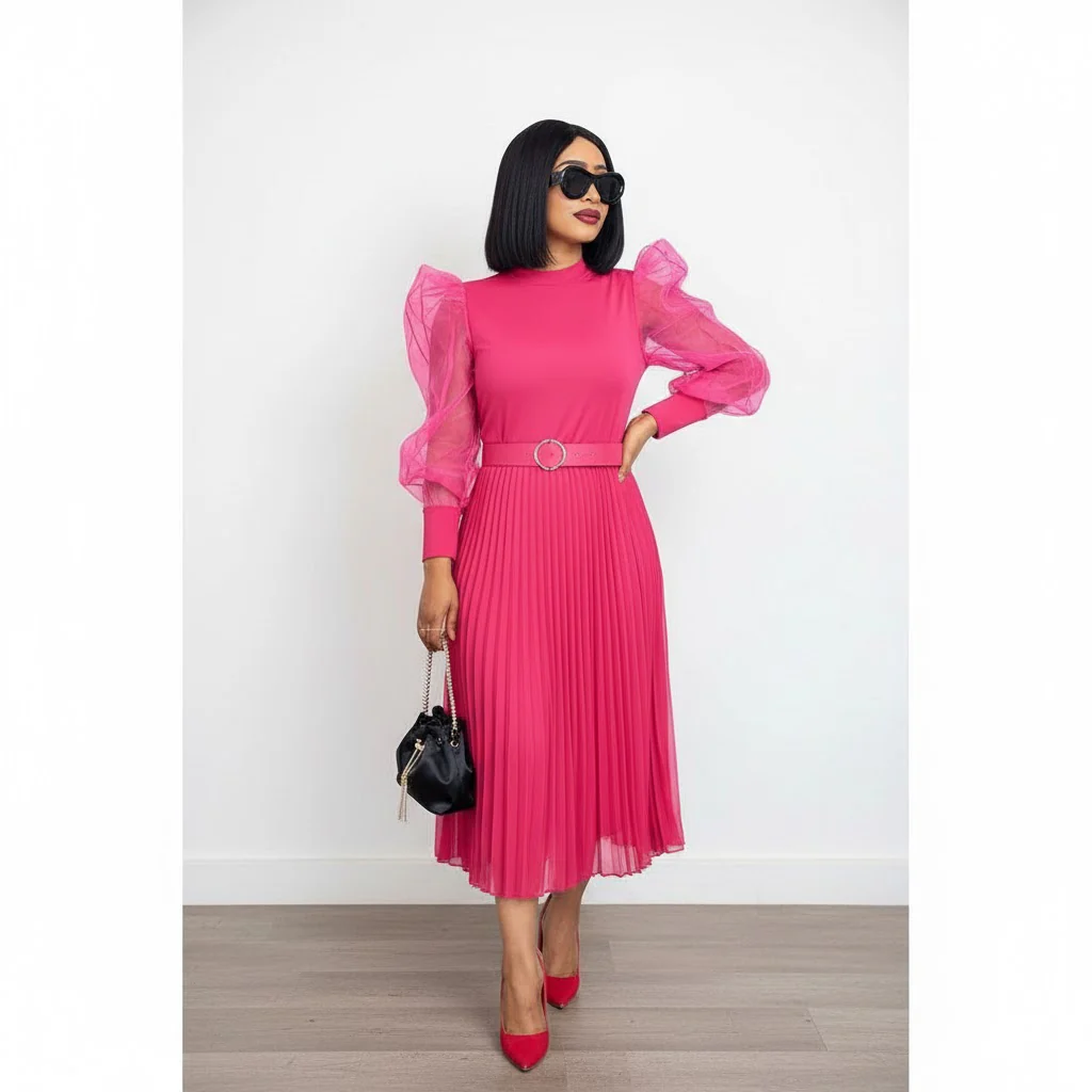 Long Mesh Sleeve Pleated Dress - Image 3
