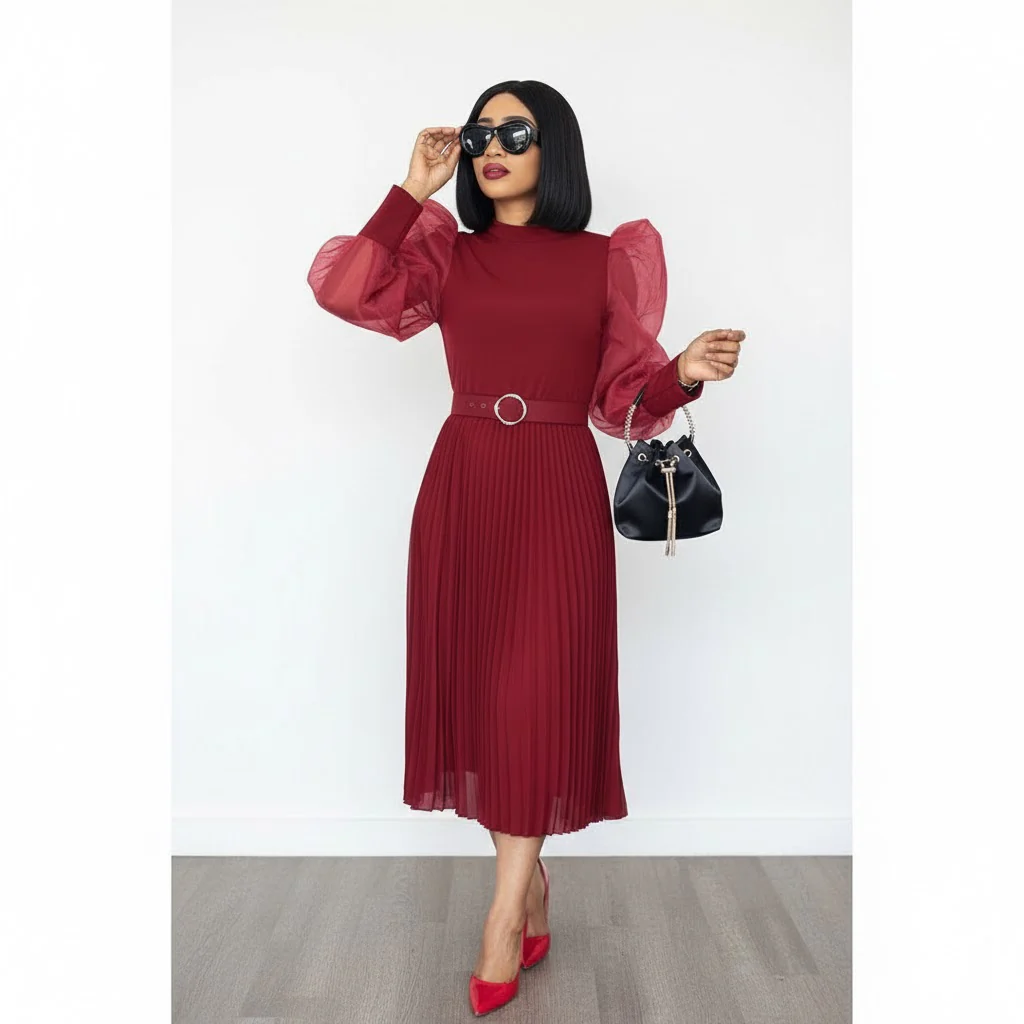 Long Mesh Sleeve Pleated Dress - Image 4
