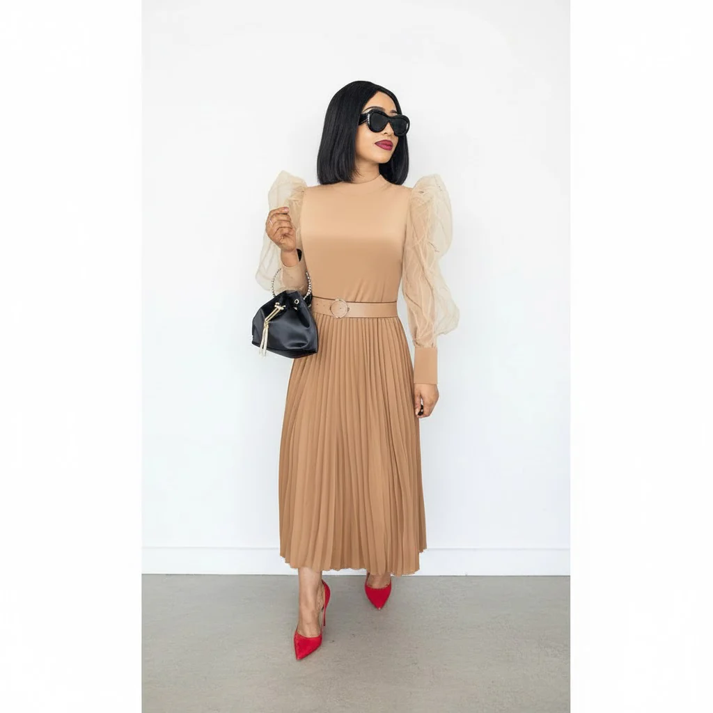 Long Mesh Sleeve Pleated Dress - Image 5