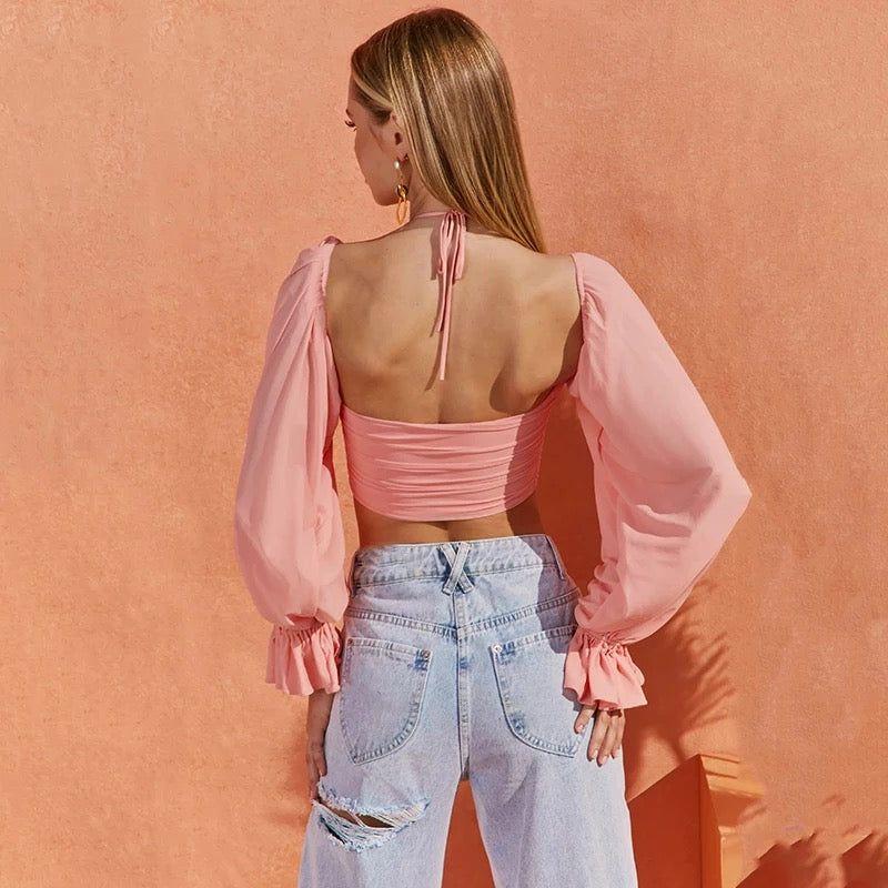 Long Puff Sleeve Sexy Halter Backless Crop Top - Image 6
