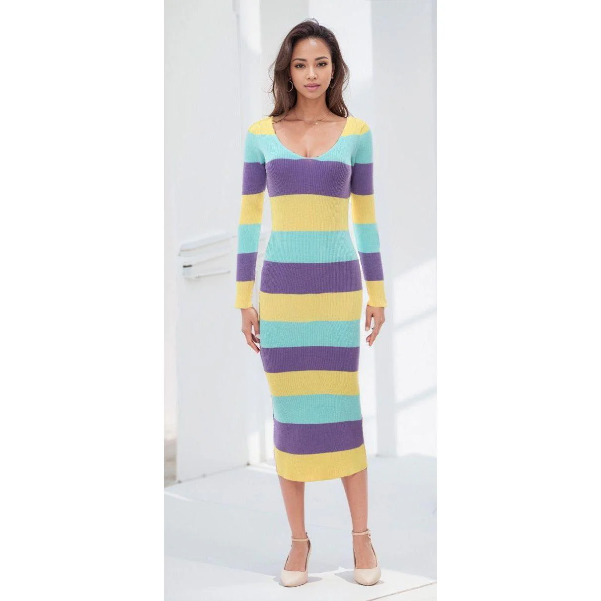 Long Sleeve Bodycon Knitted Dress - Image 4