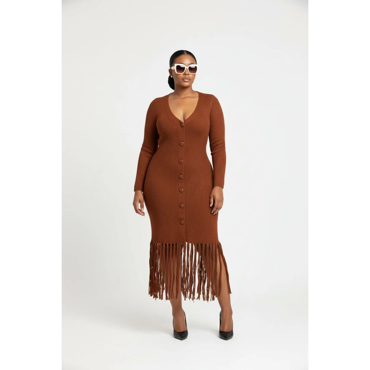 Long Sleeve Bottom Tassel Midi Dress - Image 3