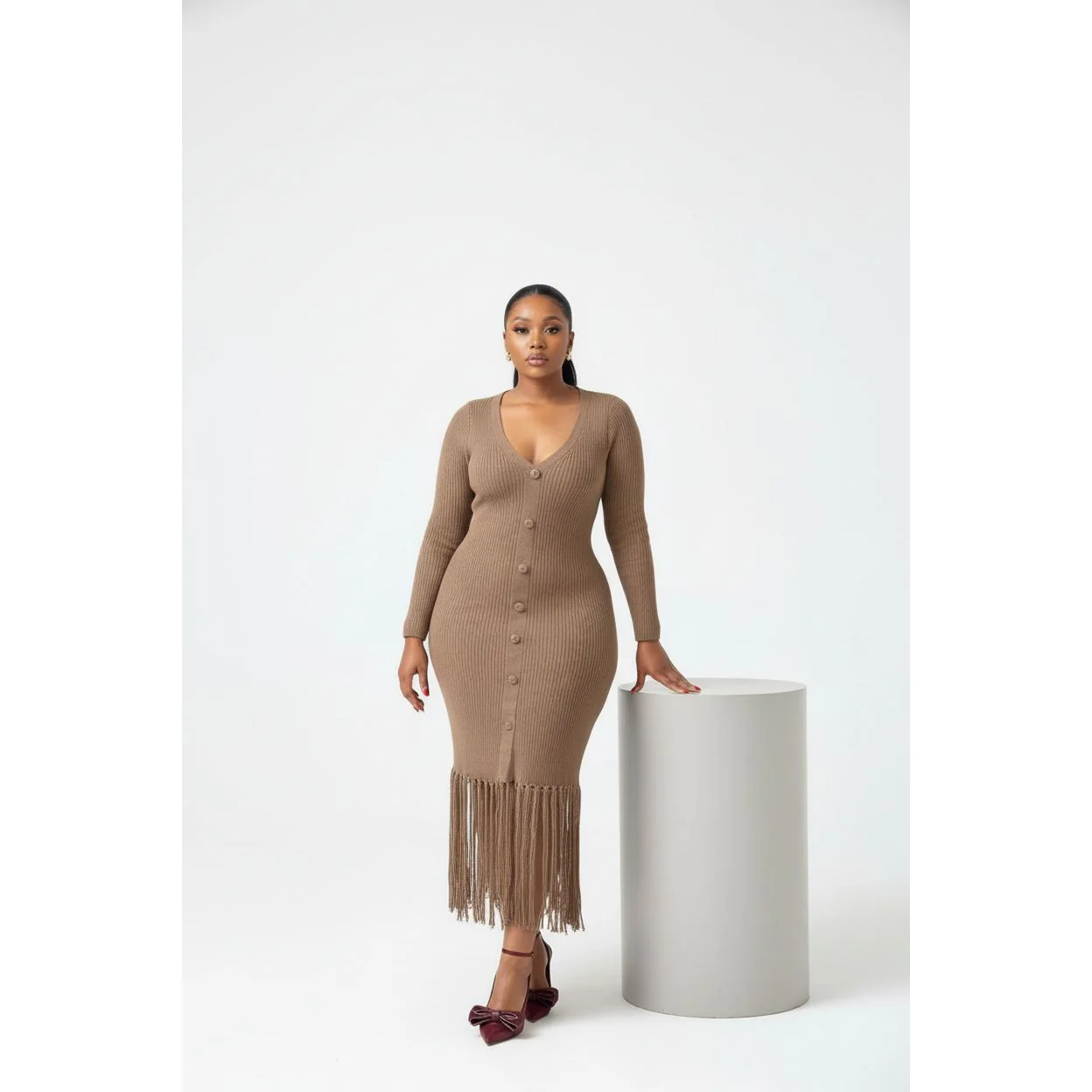 Long Sleeve Bottom Tassel Midi Dress - Image 4