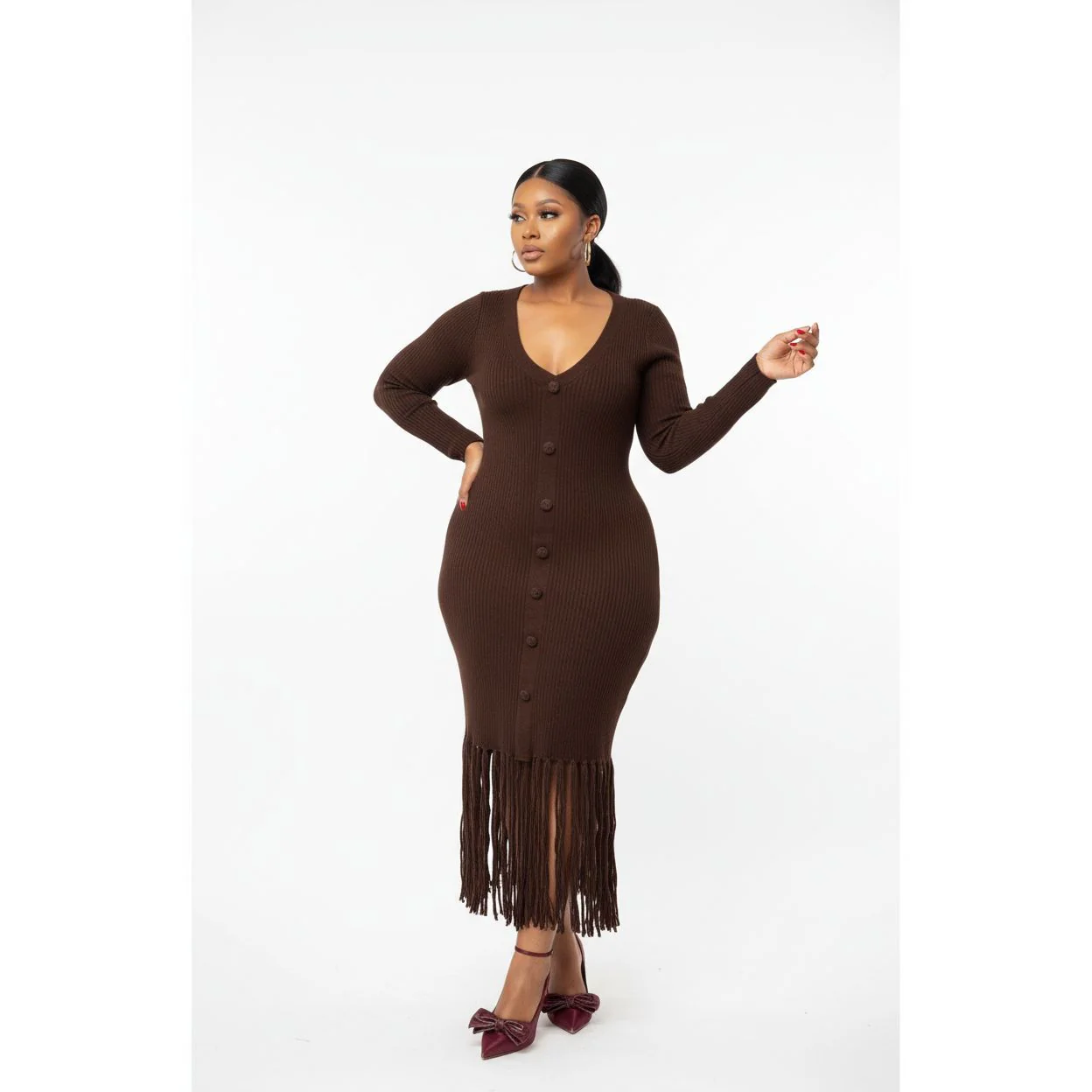 Long Sleeve Bottom Tassel Midi Dress - Image 5