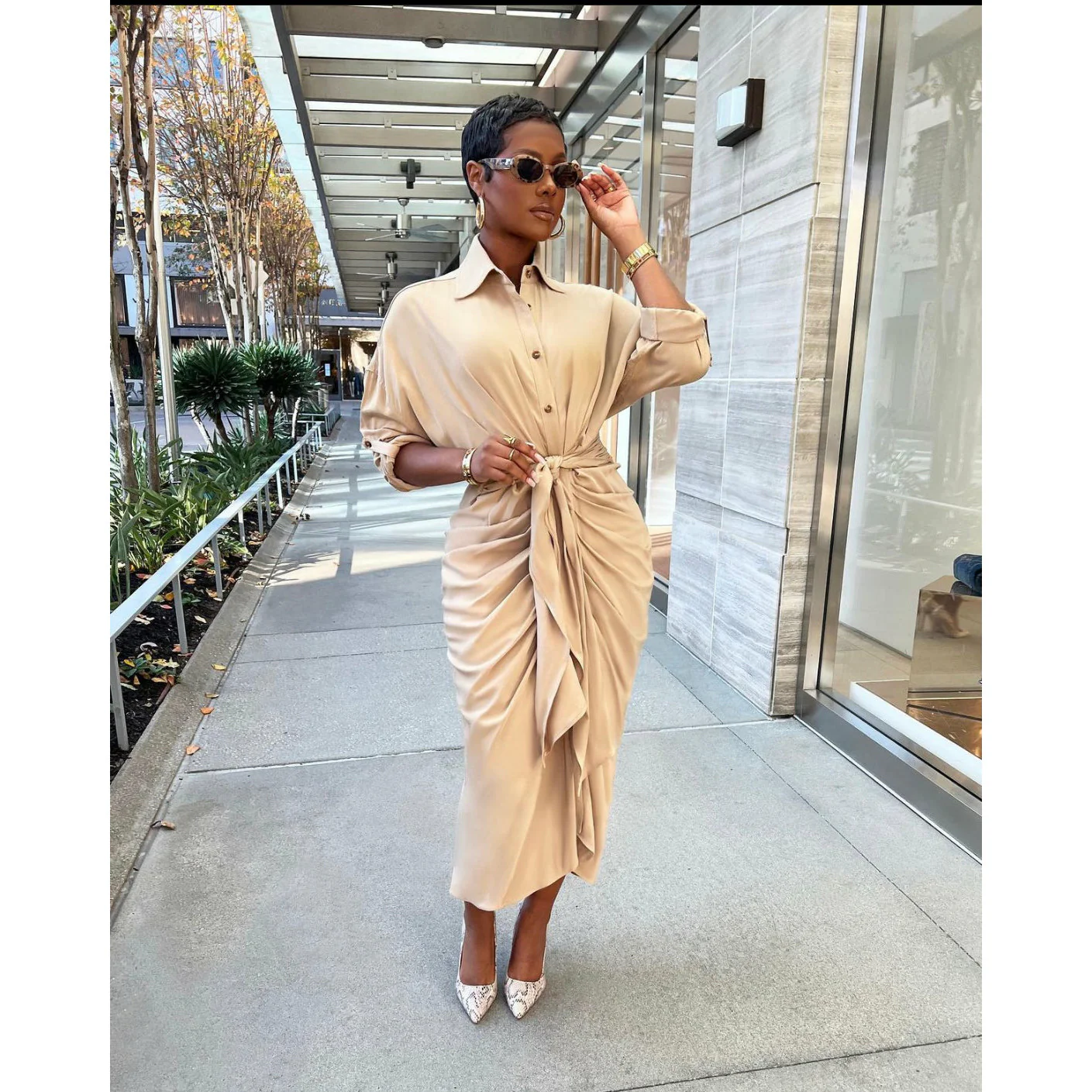 Long Sleeve Button Detailed Asymmetric Dress - Image 2