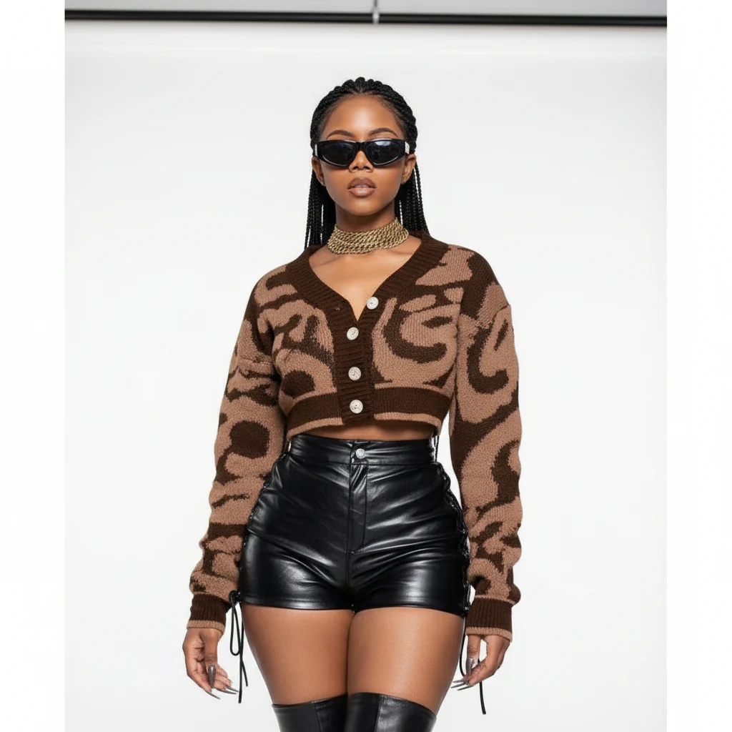 Graffiti Print Long Sleeve Button Down Knit Sweater Tops - Image 2