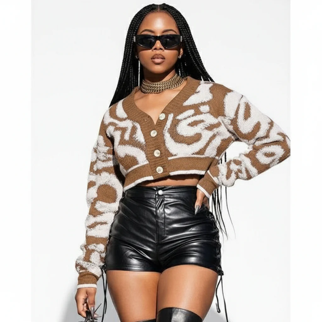 Graffiti Print Long Sleeve Button Down Knit Sweater Tops - Image 3