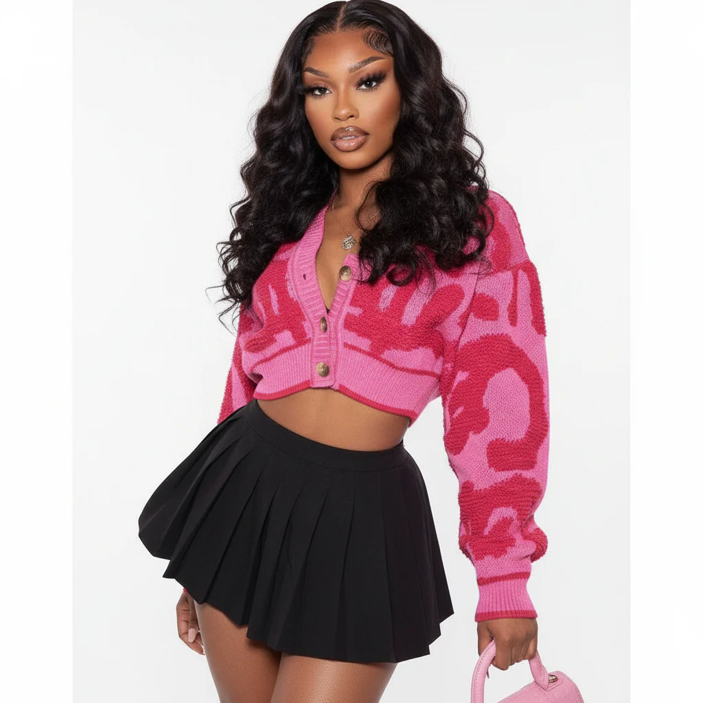 Graffiti Print Long Sleeve Button Down Knit Sweater Tops - Image 4