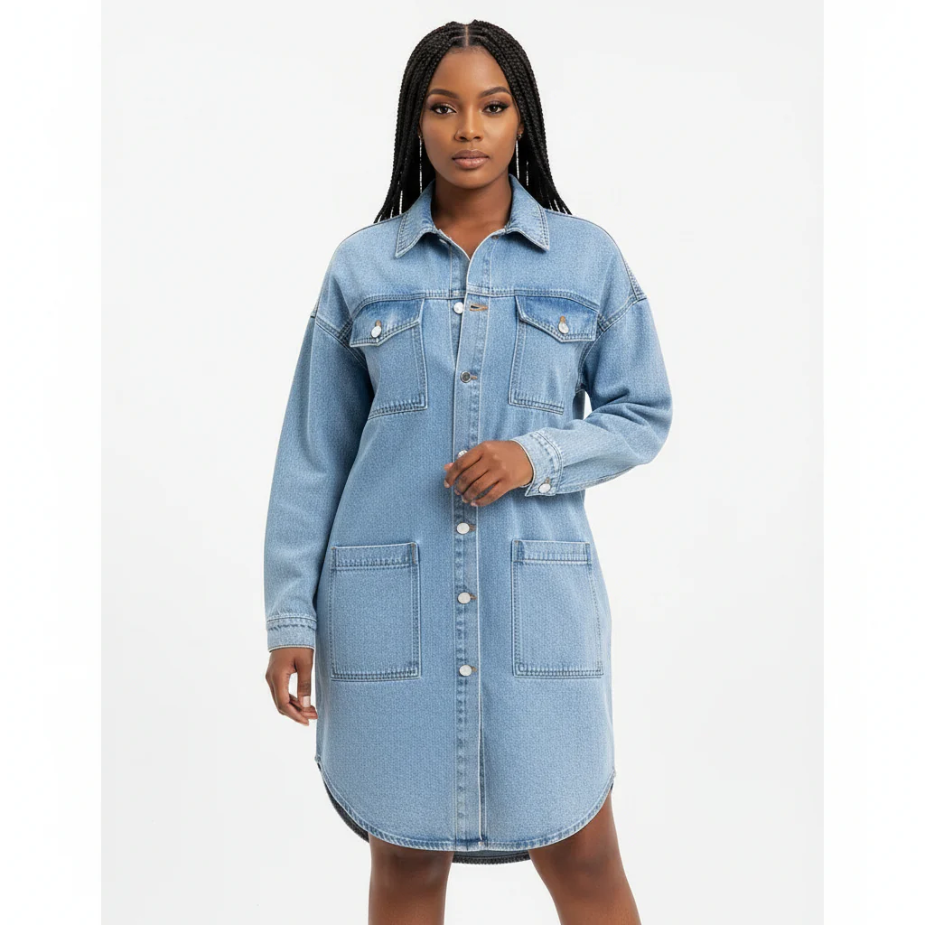 Long Sleeve Cargo Denim Shirt Dress - Image 2