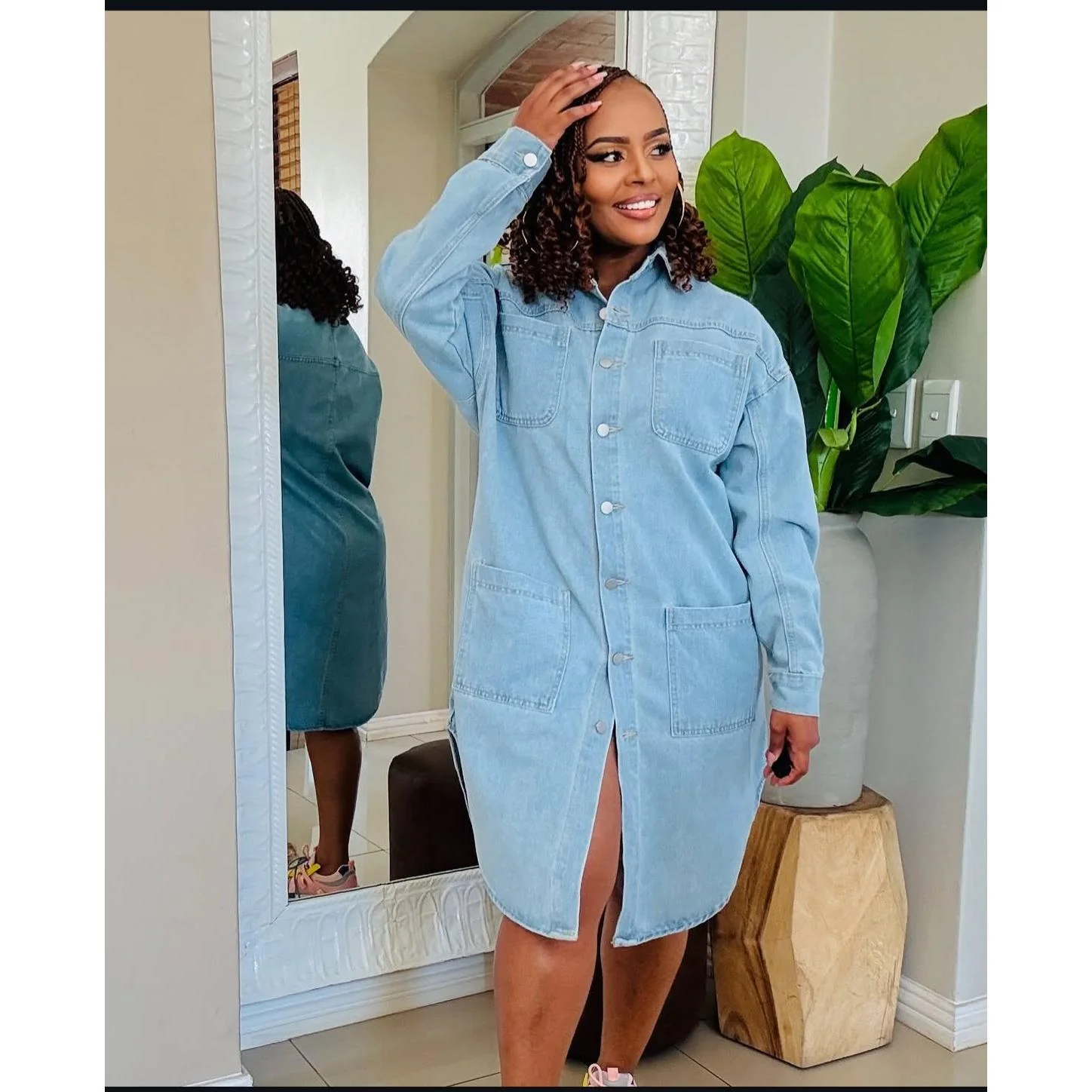 Long Sleeve Cargo Denim Shirt Dress - Image 3