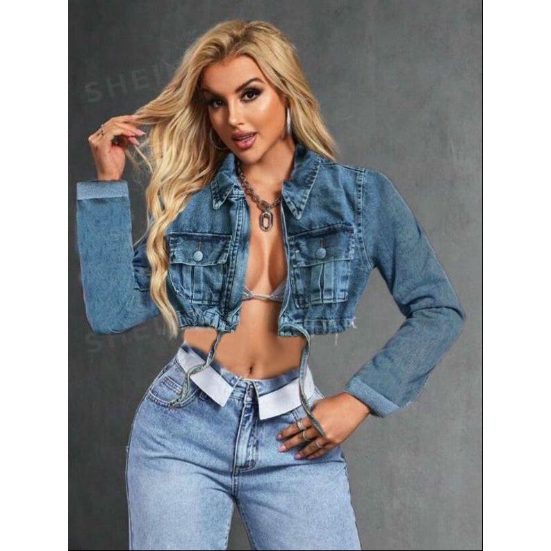 Long Sleeve Cropped Raw Hem Denim Jacket - Image 2