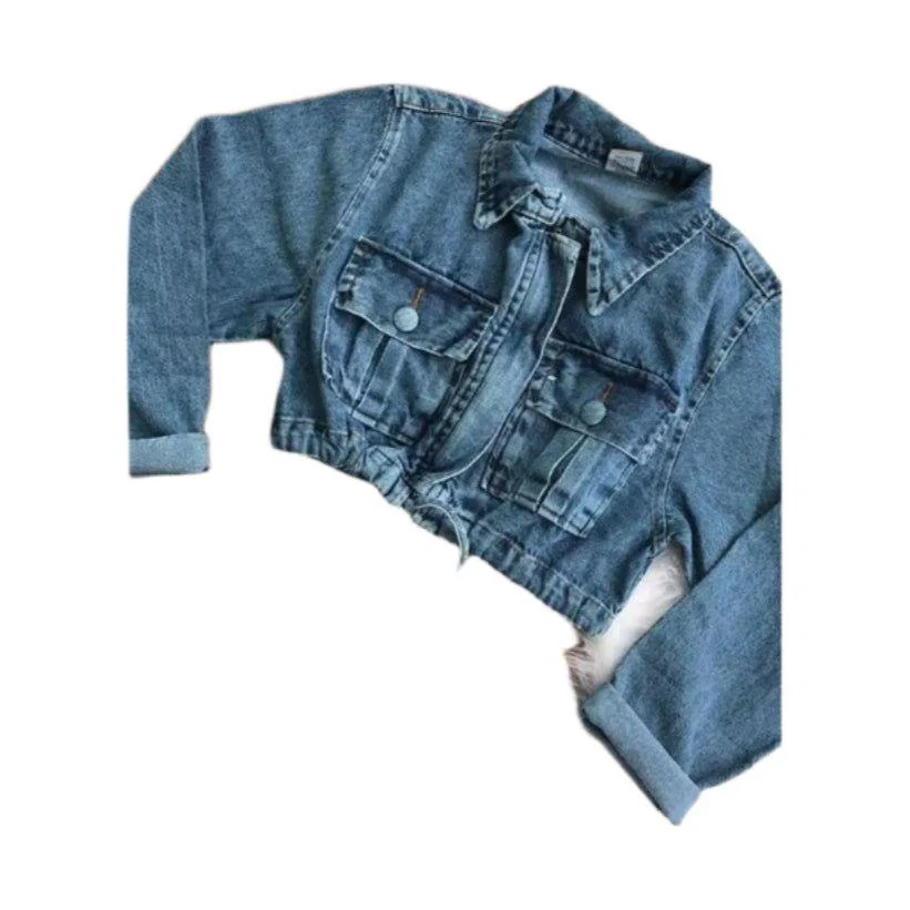 Long Sleeve Cropped Raw Hem Denim Jacket - Image 4