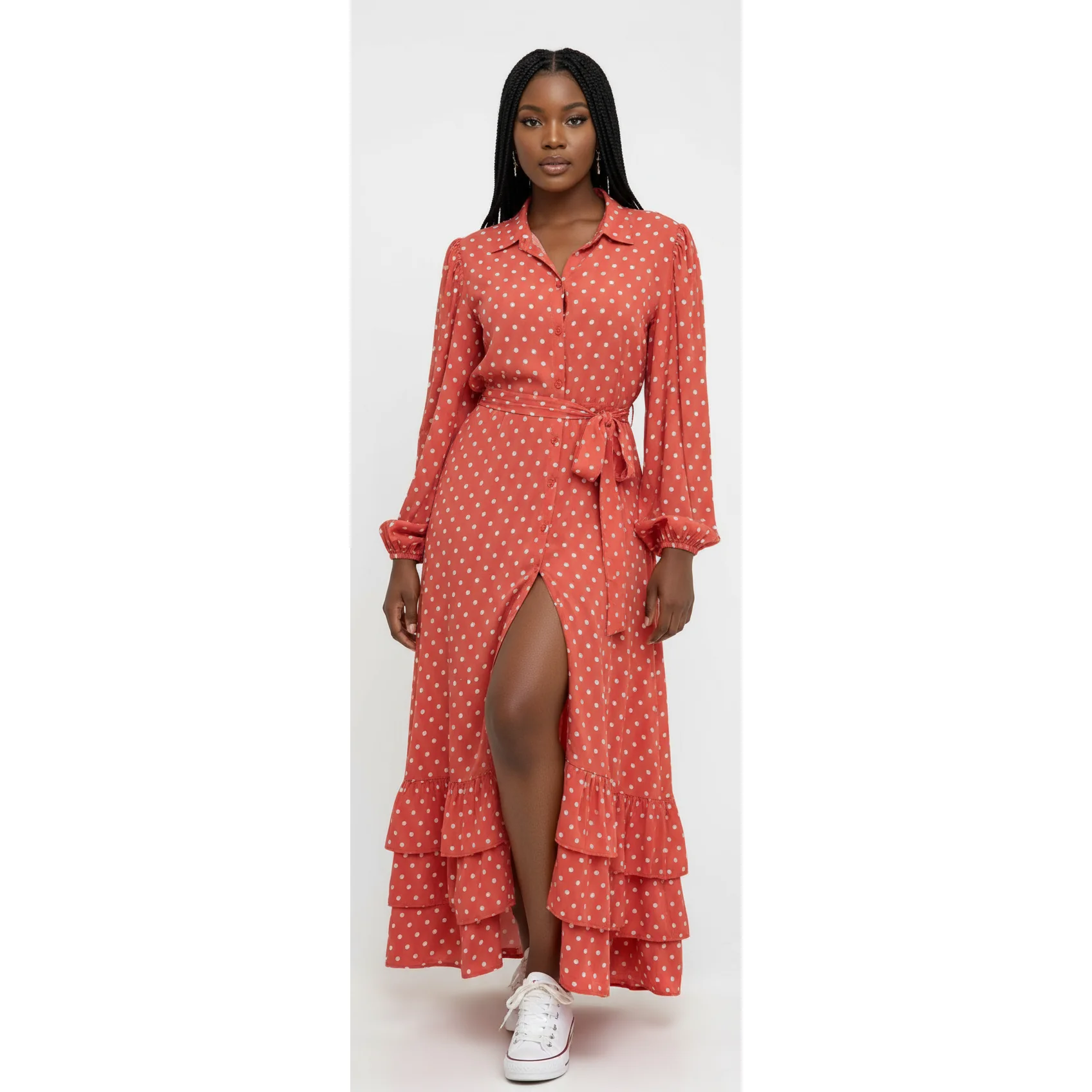 Long Sleeve Polka Dotted Shirt Dress - Image 2