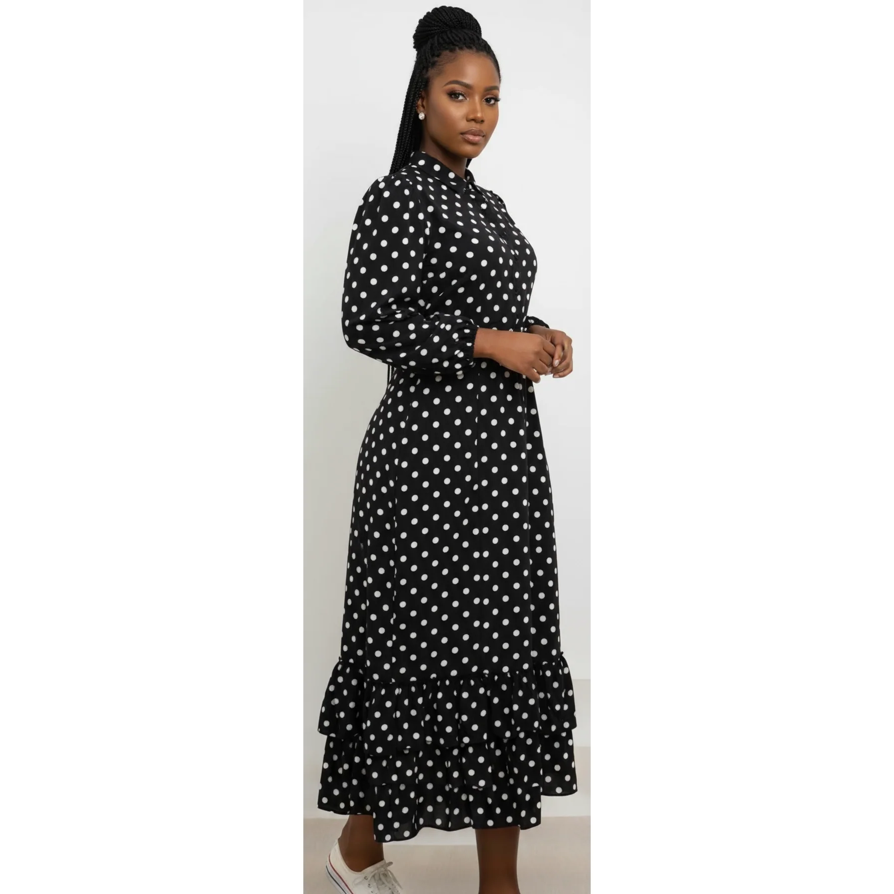 Long Sleeve Polka Dotted Shirt Dress - Image 3
