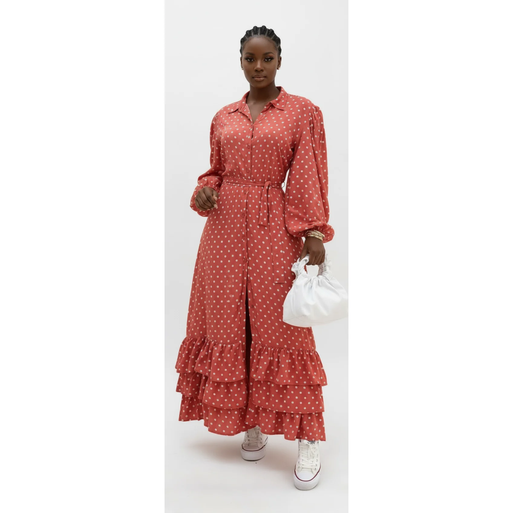 Long Sleeve Polka Dotted Shirt Dress - Image 4