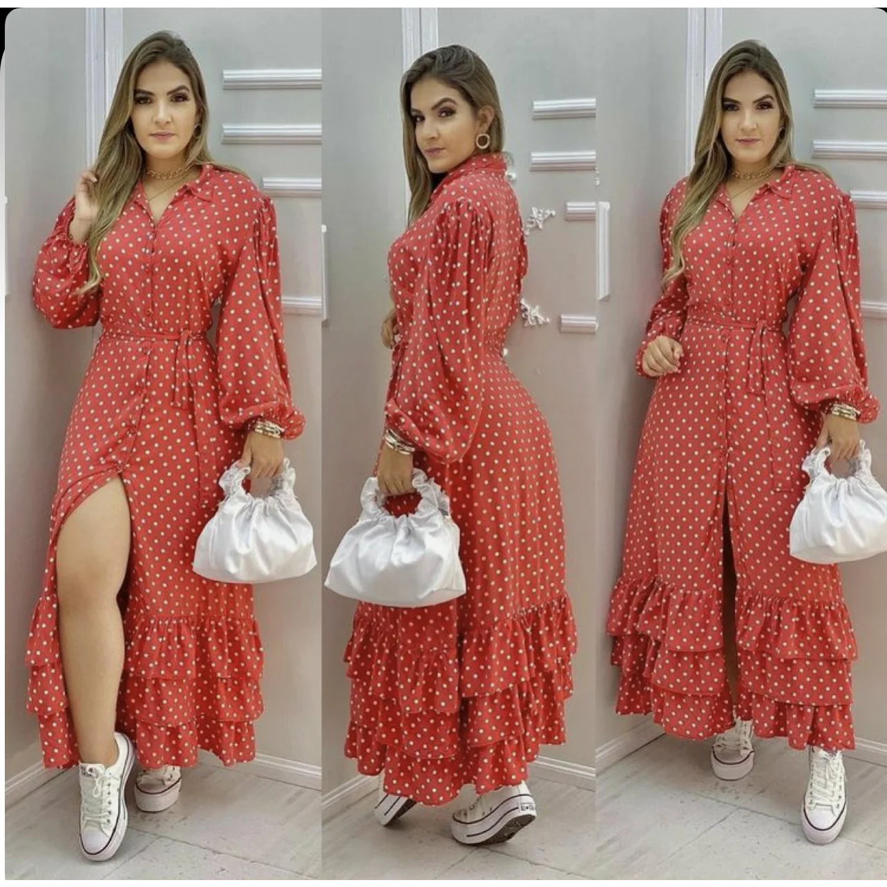 Long Sleeve Polka Dotted Shirt Dress - Image 7