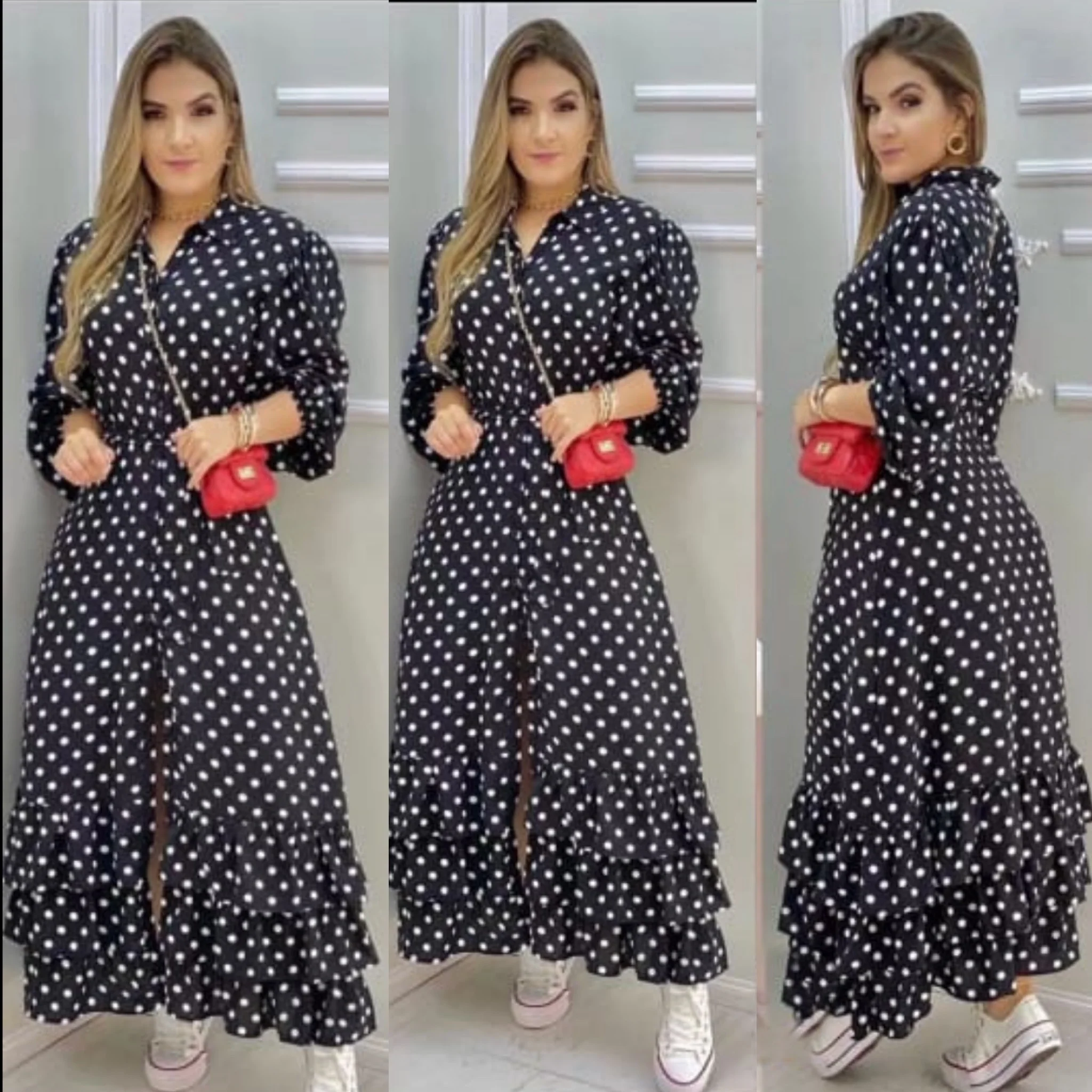 Long Sleeve Polka Dotted Shirt Dress - Image 8
