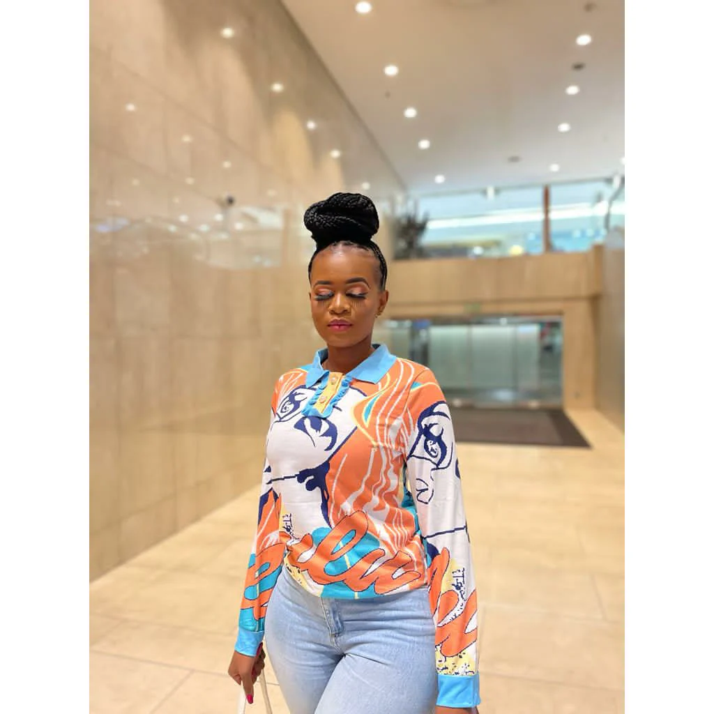 Long-sleeve  Printed Pattern Lapel Knitted Top - Image 3