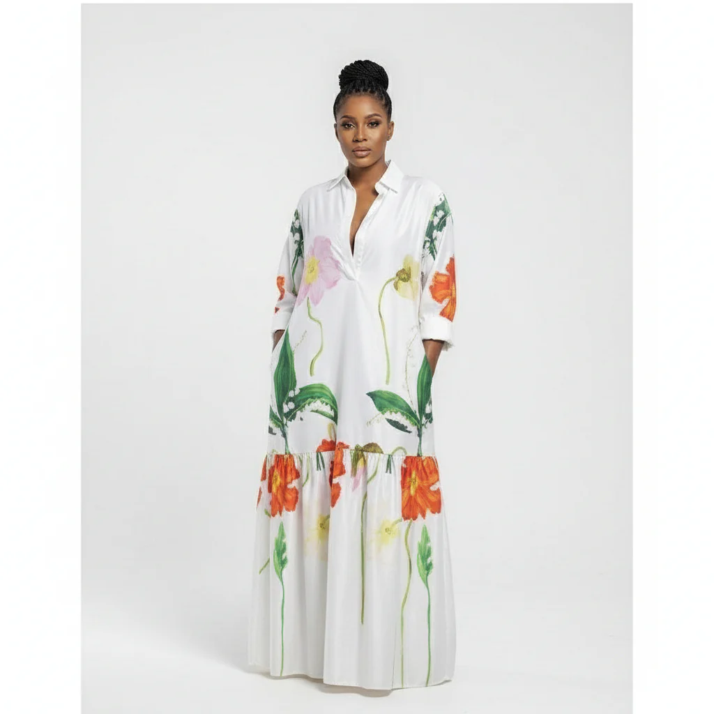 Long Sleeve Printing Maxi Dress.