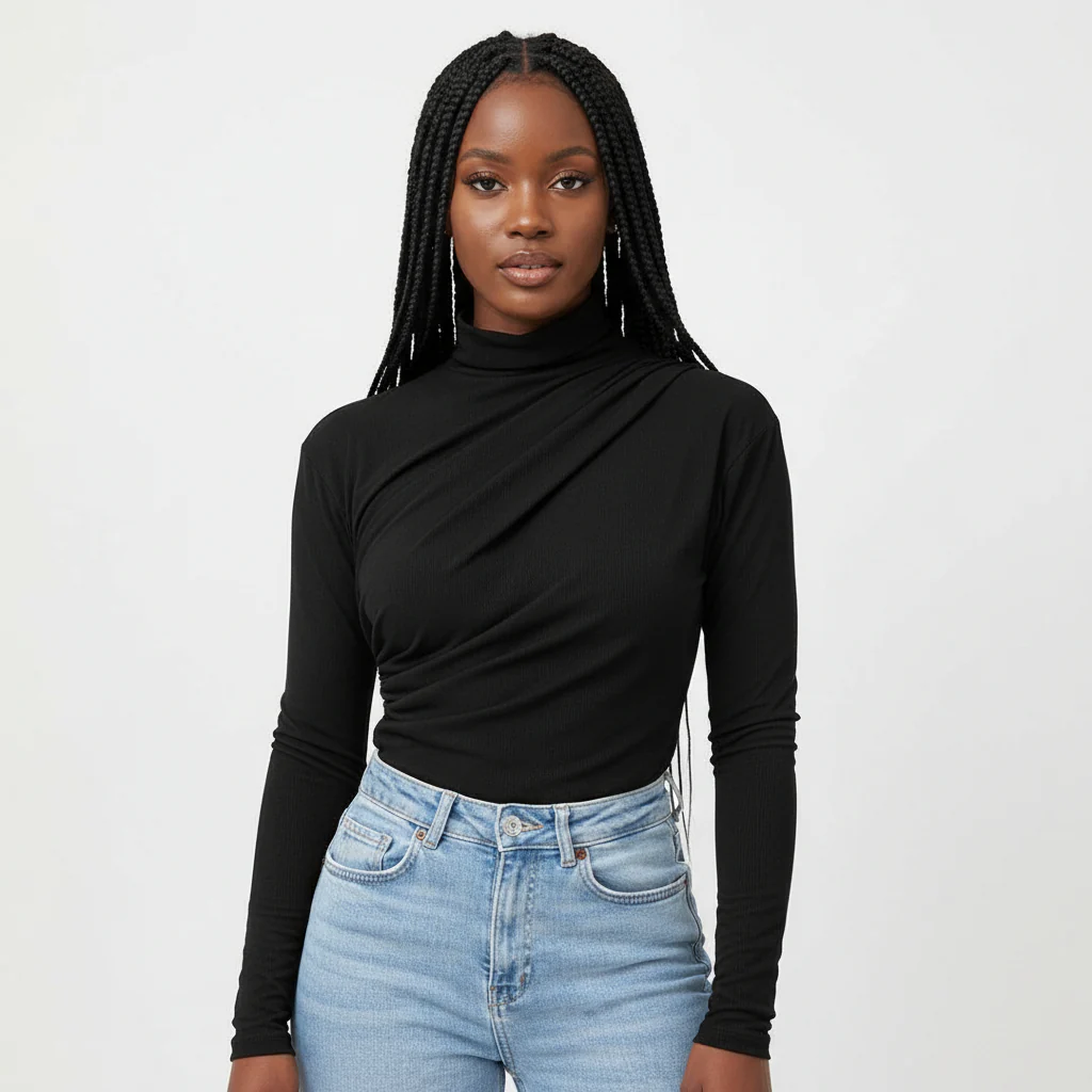 Long Sleeve Round Neck Ruched Top - Image 2