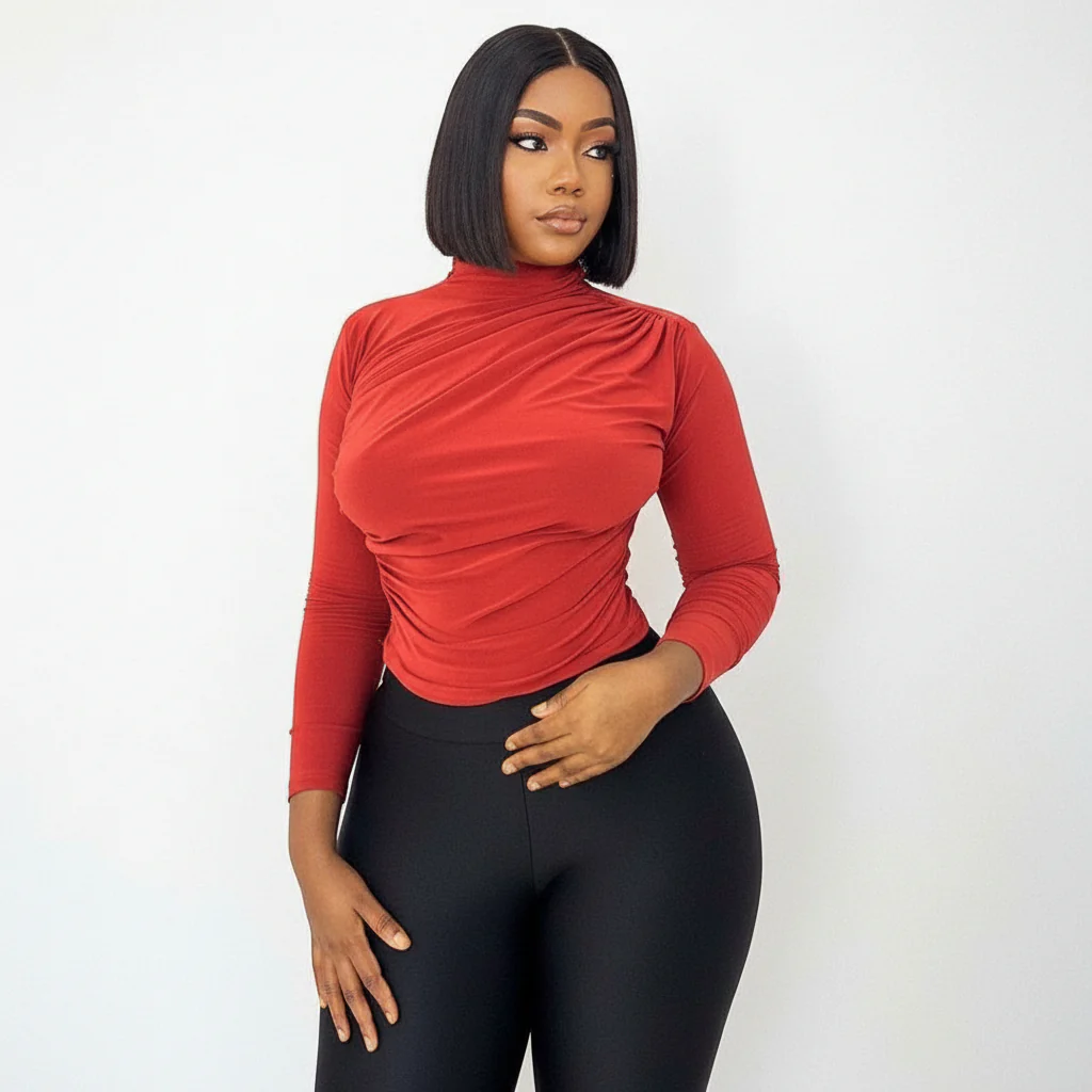 Long Sleeve Round Neck Ruched Top - Image 3