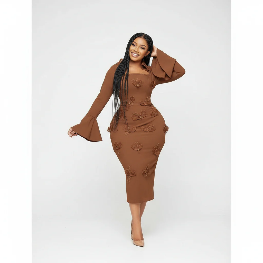 Long Sleeve Square Neck Butterfly Bodycon Dress - Image 3