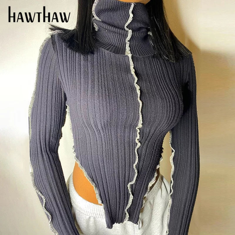 Long Sleeve Turtleneck Knitted Patchwork Tops - Image 2