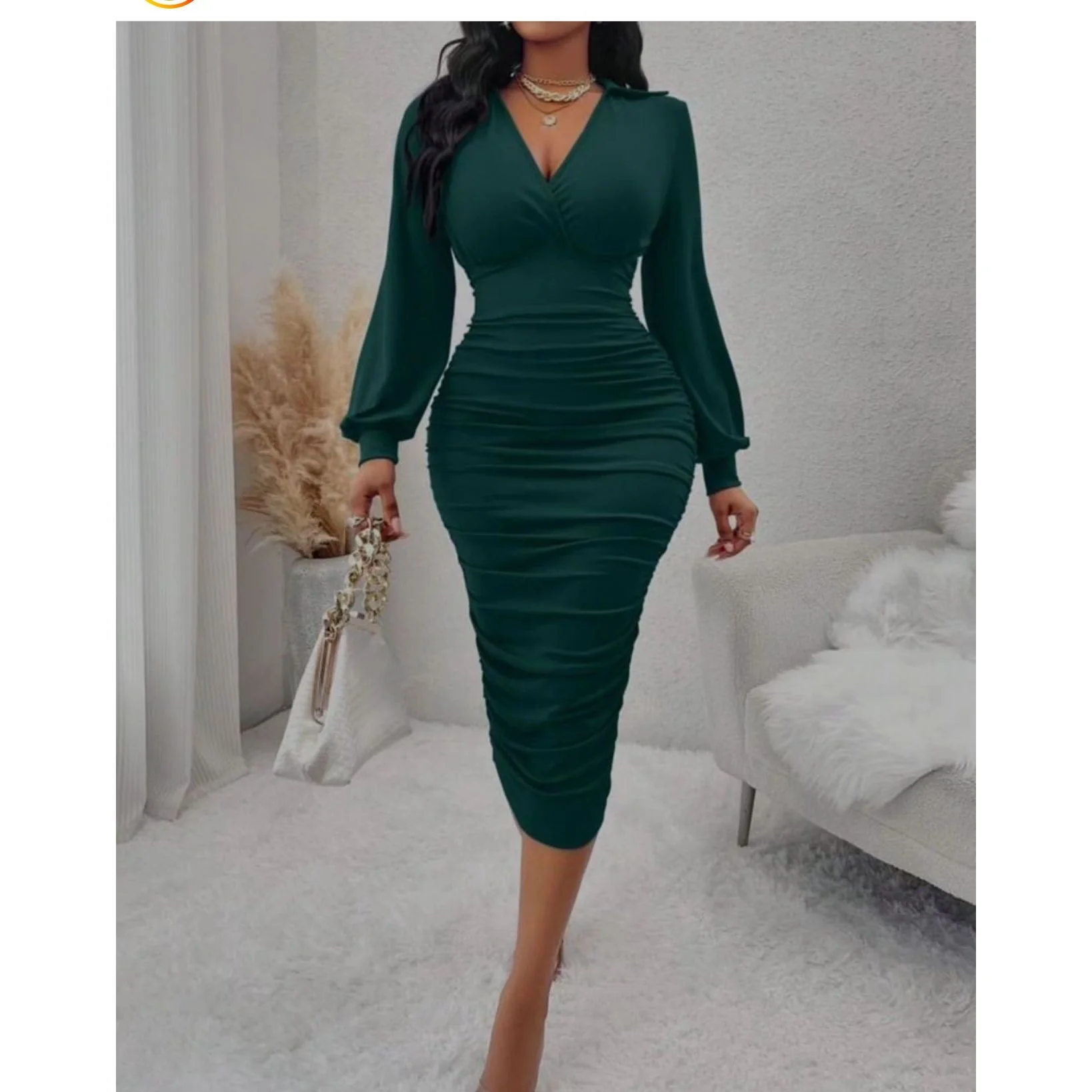 Long Sleeve V-Neck Dress - Image 2