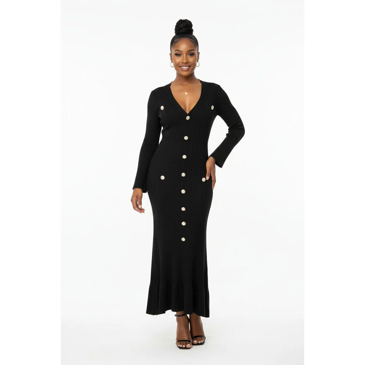 Long Sleeve V-neck Knitted Bodycon Maxi Dress - Image 4